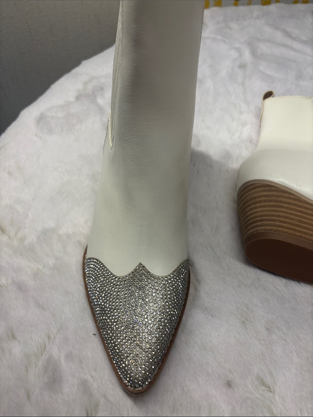 Cream Ankle Booties with Silver Crystal Toe - Picture 3 of 8